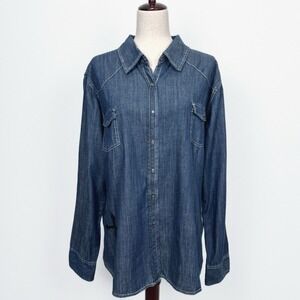 Chambray Pearl Snap Denim Top Womens XXL Blue Button Up Collared Studded Western